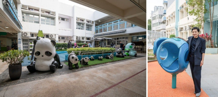 保良局陳百強伉儷青衣學校獲市建局送贈遊樂場設施及熊貓裝置，校長李宇恆（右）感謝市建局的安排，認為是將關懷帶入校園。